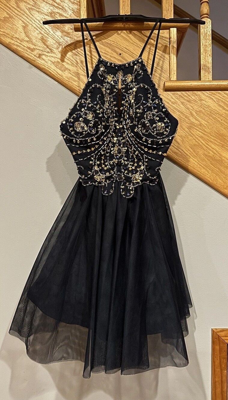EUC Blondie Nites Halter Beaded Gown Dress Navy Blue Size 3  Lace Short